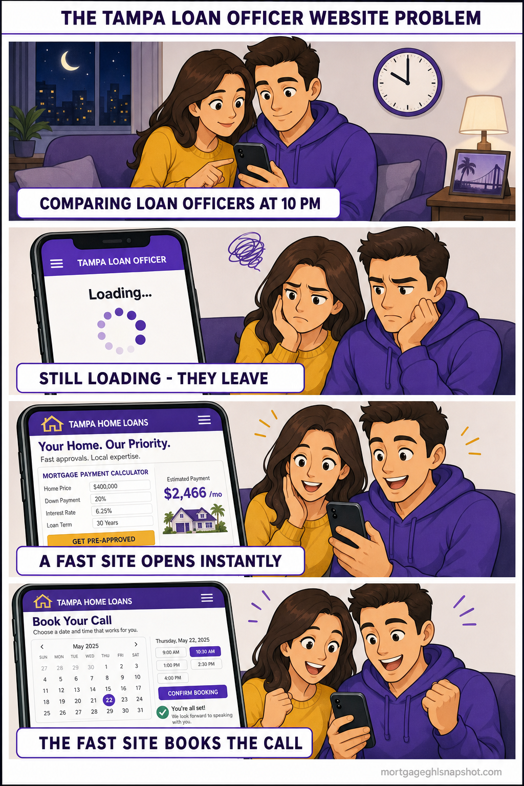 Four-panel comic reel of a Tampa loan officer's website problem: panel 1, a borrower Googles loan officers at 10pm; panel 2, a slow site shows a loading spinner and the borrower says 'still loading...'; panel 3, a competitor's fast Astro site opens instantly with a payment calculator; panel 4, the borrower books a call on the fast site's calendar.