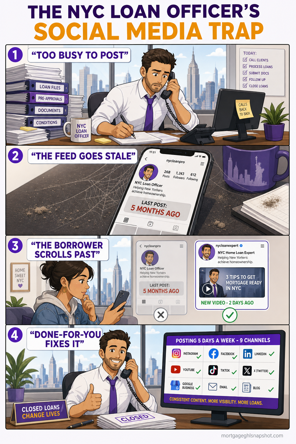 Four-panel comic titled 'The NYC Loan Officer's Social Media Trap': Panel 1 'TOO BUSY TO POST' — a loan officer buried in closings; Panel 2 'THE FEED GOES STALE' — a profile whose last post was 5 months ago; Panel 3 'THE BORROWER SCROLLS PAST' — a NYC buyer picking the competitor with fresh reels; Panel 4 'DONE-FOR-YOU FIXES IT' — posts going out 5 days a week across 9 channels while the LO closes loans.