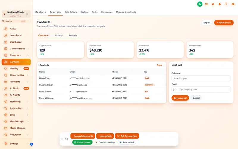 The contact actions bar at the bottom of a GoHighLevel contact page: Request documents, Loan details and Ask for a review buttons above Pre-approved, Docs outstanding and Rate locked tag chips