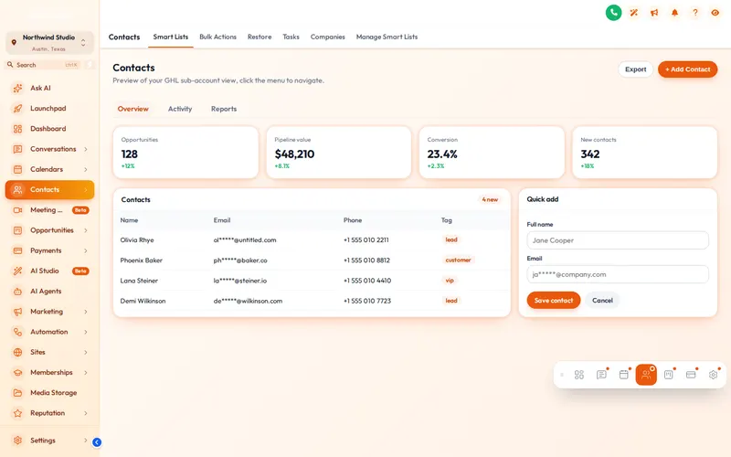 A floating dock-style quick menu labelled Loan desk over a GoHighLevel contacts page in the Golden Hour theme