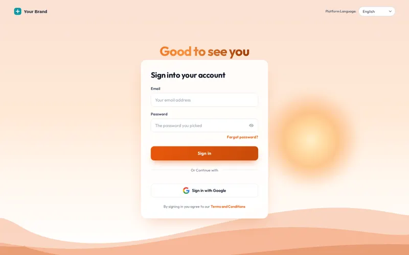 GoHighLevel login page with the animated Sunrise hills design: warm sky, rising sun and layered hills behind the sign-in card