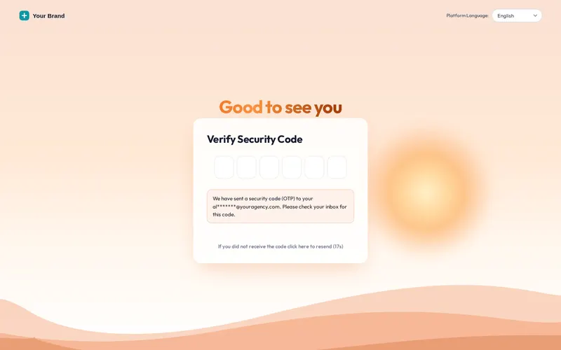 The two-factor code screen in the Sunrise hills design, matching the sign-in page