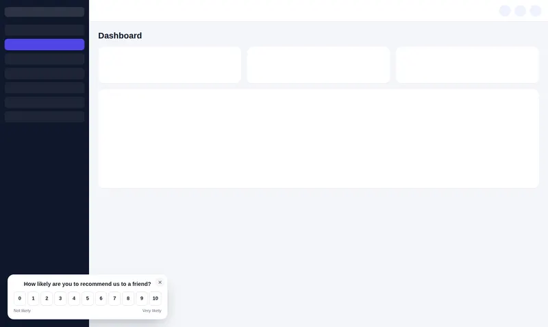 The NPS card notification template asking How likely are you to recommend us to a friend, with a 0 to 10 scale, in the corner of a sample page