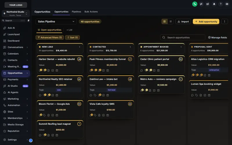 GoHighLevel opportunities board in the Obsidian Gold design: black columns with gold stage accents